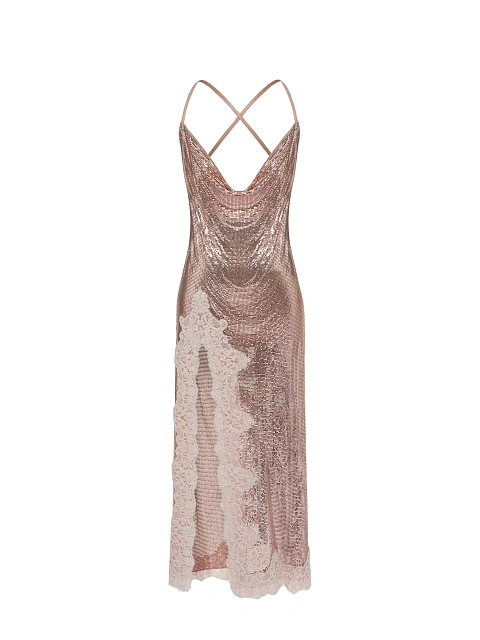 Розовое платье-миди из кольчуги с кружевом и бисером, 1 Розовое платье-миди из кольчуги с кружевом и бисером, 1