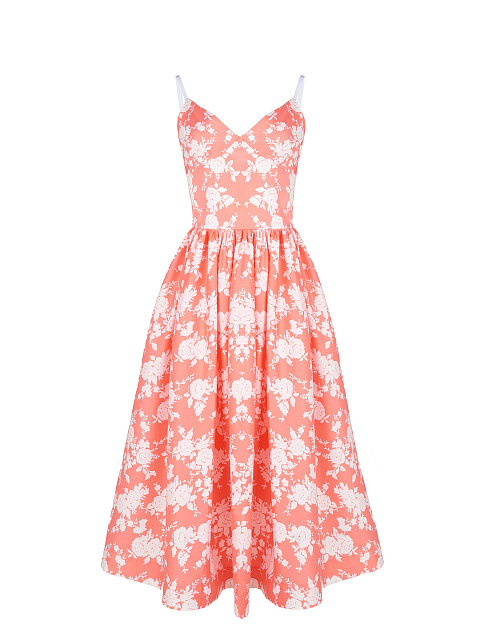 Коралловое хлопковое платье-миди с белым цветочным принтом, 1 Коралловое хлопковое платье-миди с белым цветочным принтом, 1