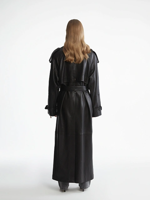 Черный двубортный тренч из фактурной кожи, 5