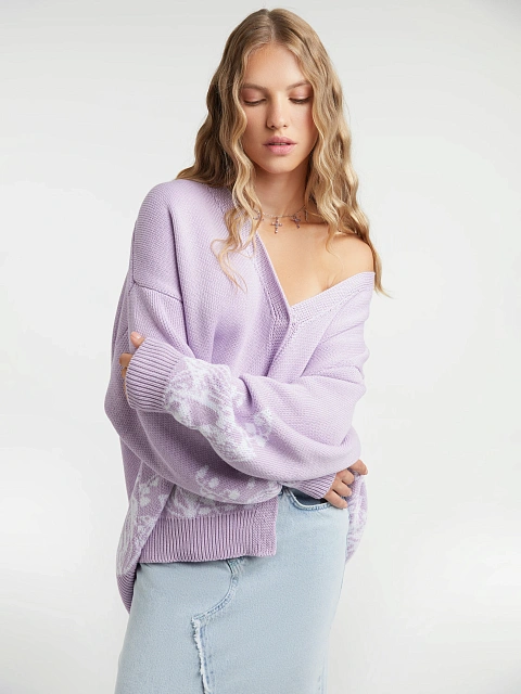 Сиреневый оверсайз кардиган с ландышами, 2