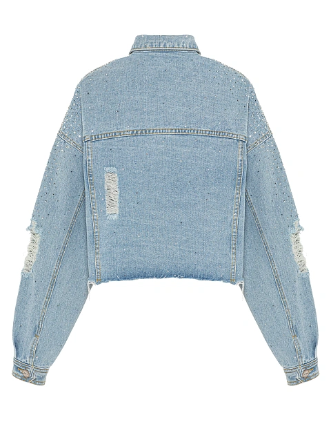 Голубая укороченная джинсовка с рваным низом и стразами, 2