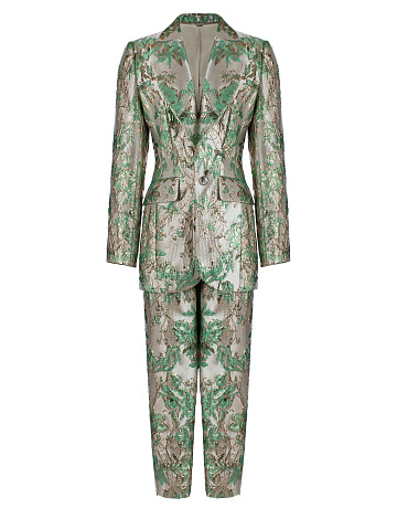 Костюм-двойка из золотой парчи с зелеными цветами, 1