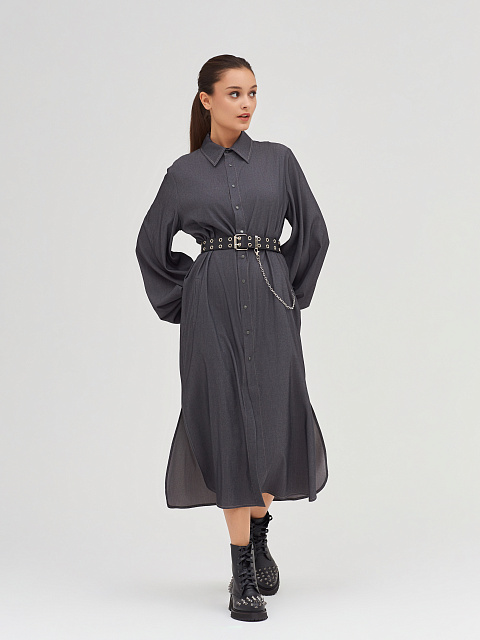 Черное хлопковое платье-рубашка с объемными рукавами, 5