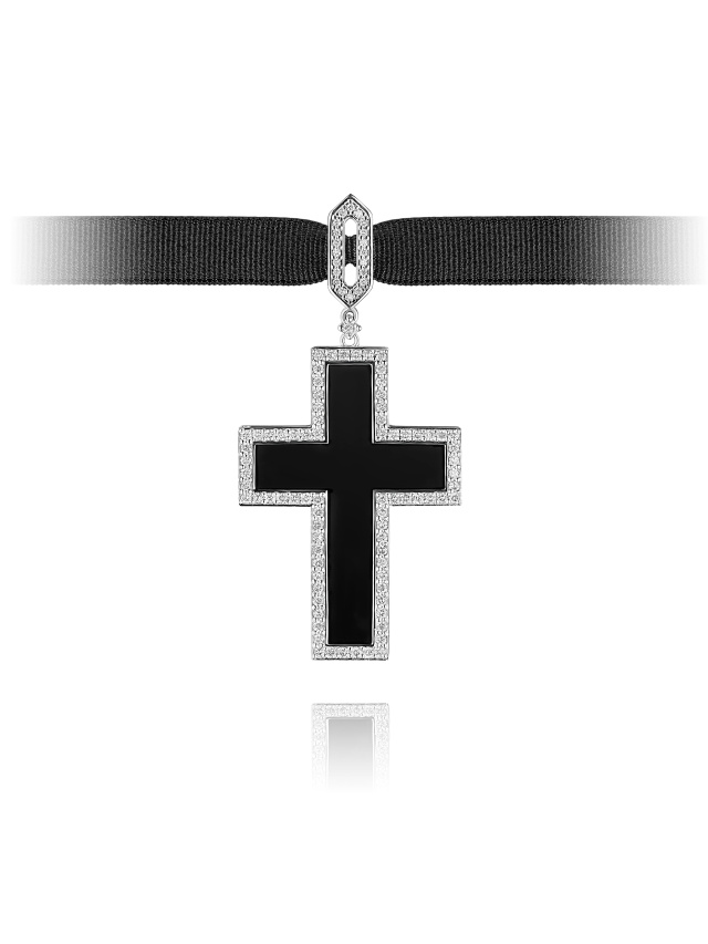 Кулон-крест из белого золота с агатом и бриллиантами круглой огранки, 1