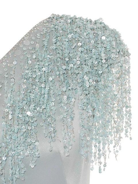 Серое платье-мини из шелка с бахромой из голубых пайеток и страз, 3