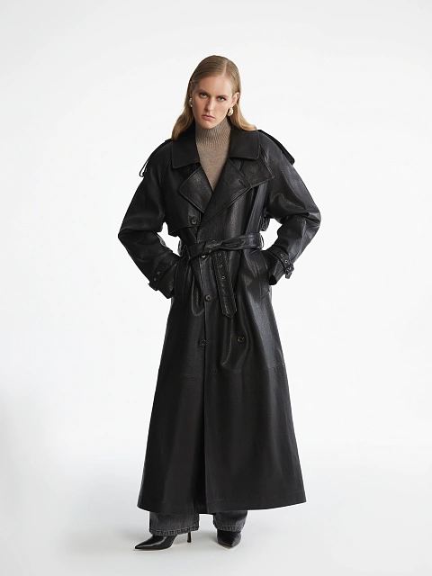 Черный двубортный тренч из фактурной кожи, 6