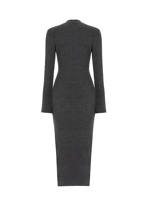 Серое вязаное платье-миди с круглым вырезом, 2