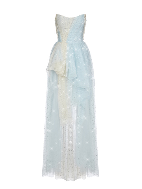 Голубое асимметричное платье-макси из сетки со стразами, 1