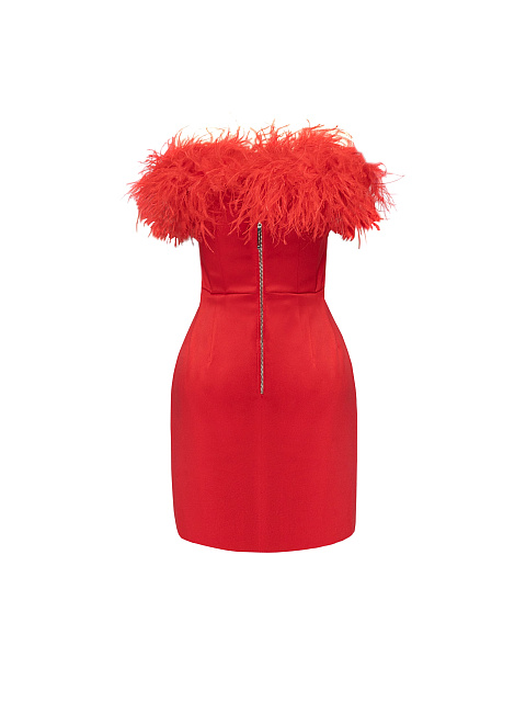 Красное платье-мини с боа из перьев, 2