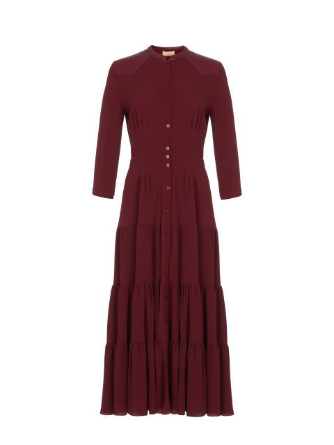 Бордовое платье-миди с кожаной кокеткой и вышивкой, 1