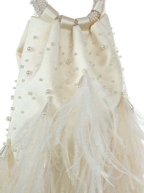 Белая сумка из шелка с жемчугом и перьями, 4