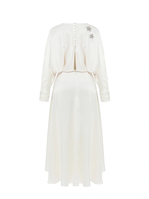 Белое шелковое платье-миди на запах со звездами, 2