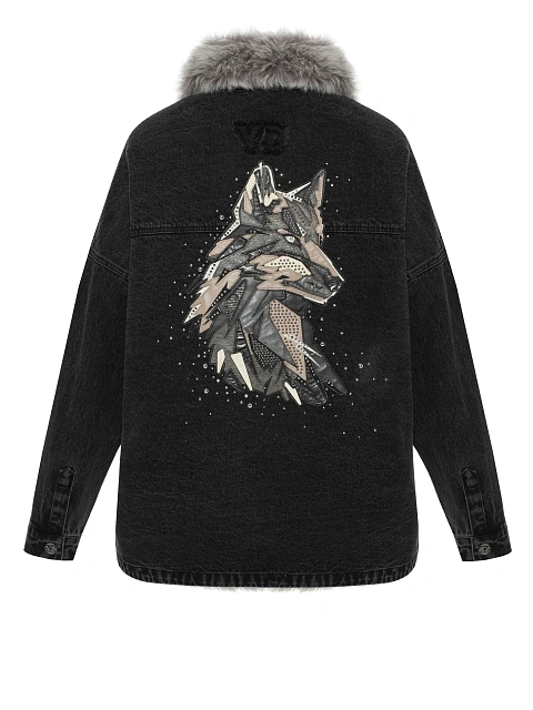 Черная джинсовая куртка с подкладом из овчины и декором на спине, 2