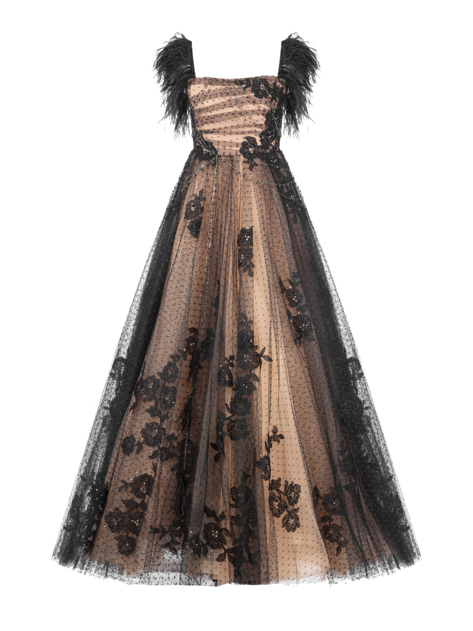 Бежево-черное вечернее платье с кружевом и цепочками из серебра, 1