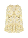 Платье-мини белое в желтые цветы, V-вырез с завязкой, длинный рукав, талия на резинке, воланы