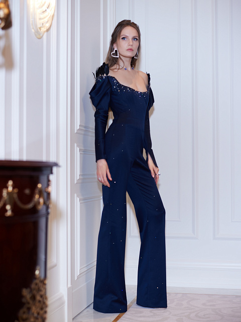 Синий комбинезон с перьями и стразами, 6 Синий комбинезон с перьями и стразами, 6