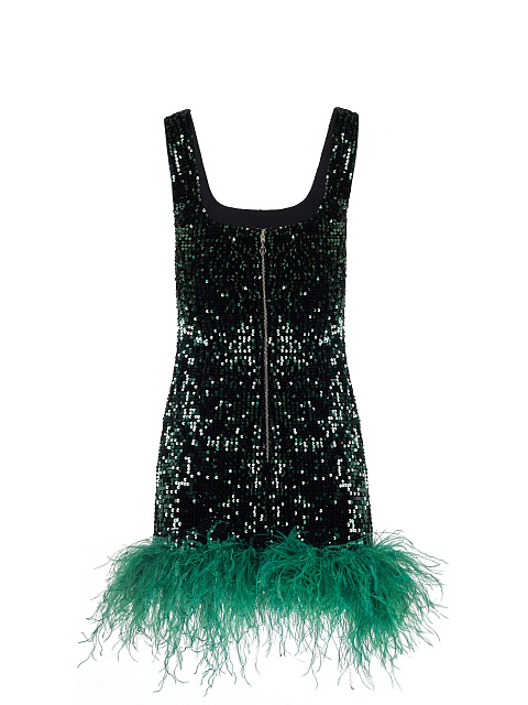 Черное бархатное платье-мини в пайетках с зеленым боа, 2
