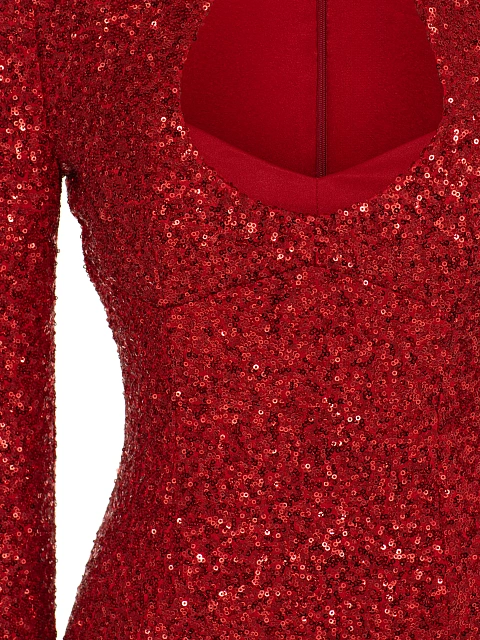 Красное платье-миди в пайетках с открытыми плечами, 4