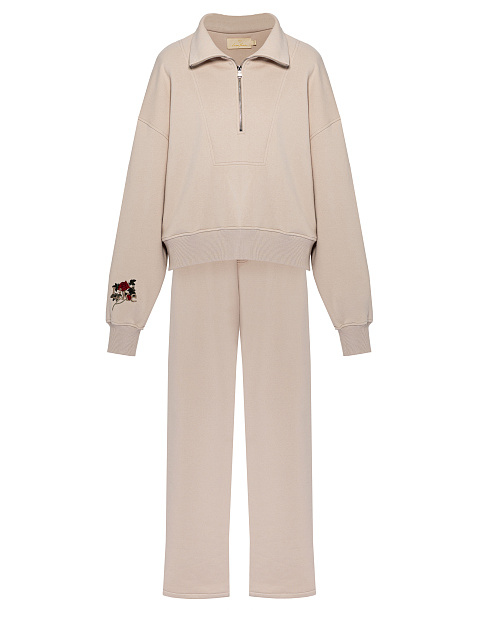 Бежевый спортивный костюм из футера с вышивкой, 1