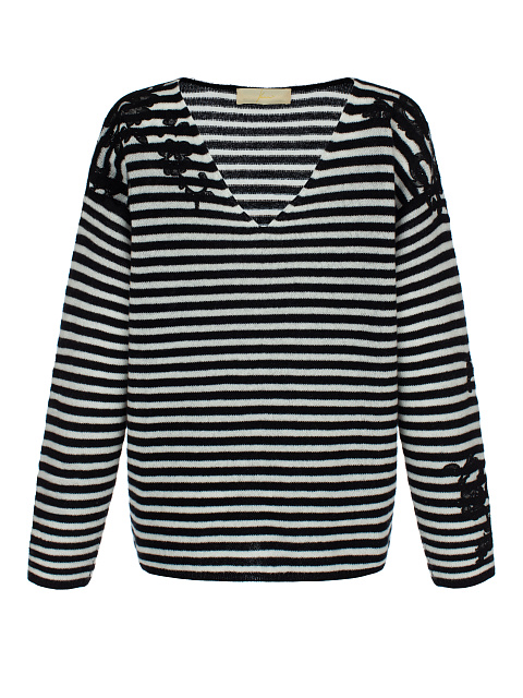 Черно-белый кашемировый пуловер с вышивкой и стразами, 1