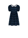 Платье детское из темно-синей вискозы принт голубика, кружевной воротничек, рукав фанарик, пуговицы