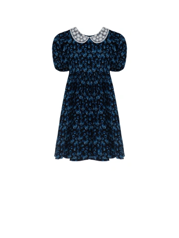 Синее детское платье с принтом и кружевным воротником, 1