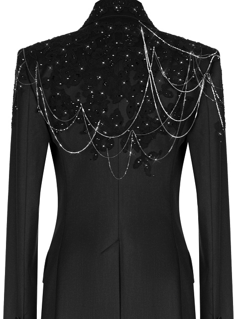 Черный атласный костюм-двойка с кружевом и стразами, 3