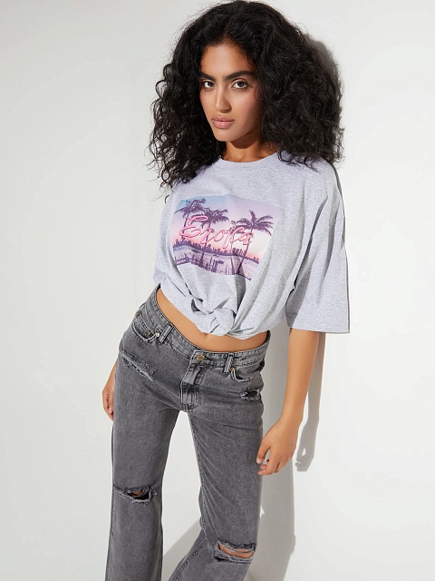 Серая хлопковая футболка с принтом, 1