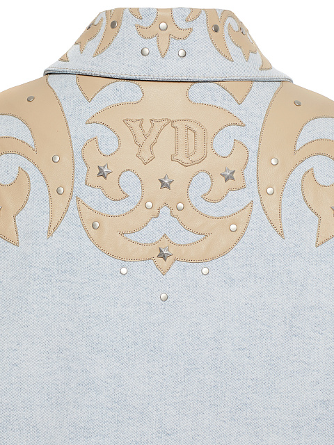 Голубой костюм из денима с отделкой из кожи, 5