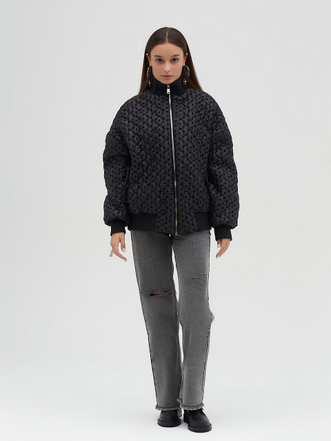 Черный стеганый бомбер в горошек, 1