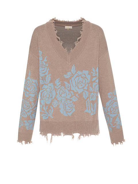 Бежевый пуловер с V-образным вырезом и розами, 1