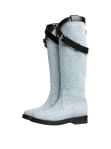 Голубые сапоги из денима с кожаным ремешком, 1