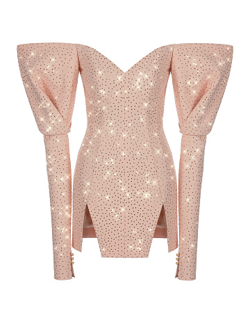 Розовое платье-мини из шерсти со стразами, 1