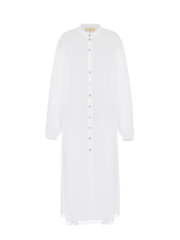 Белое хлопковое платье-рубашка с бахромой, 1