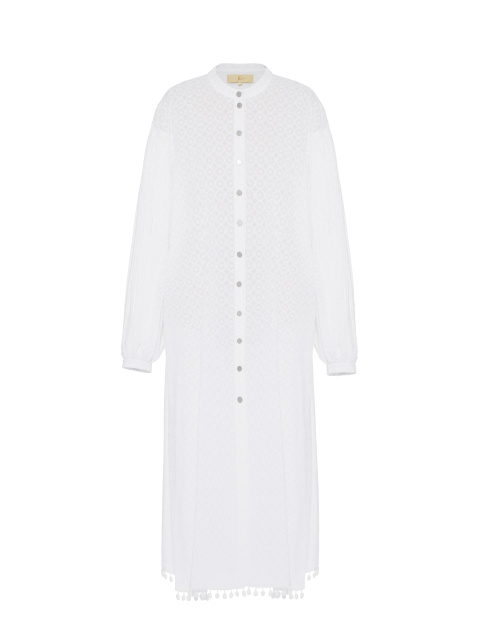 Белое хлопковое платье-рубашка с бахромой, 1