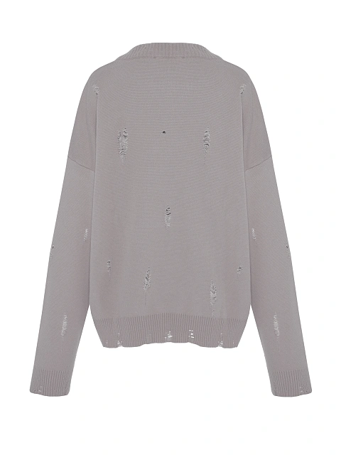 Серый свитер из хлопка с принтом и дырками, 3