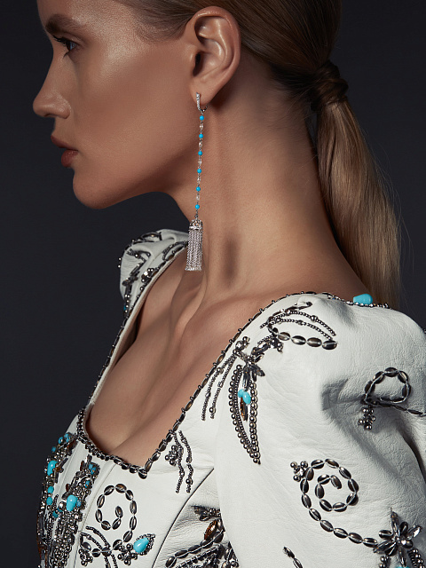 Серьги-кисти из белого золота с бирюзой и бриллиантами огранки «бриолет», 6