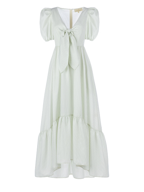 Платье лаймового цвета полоску с бантом на груди, 1