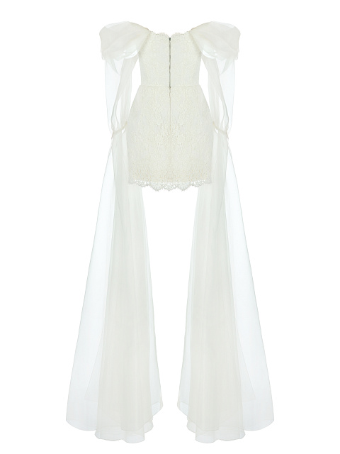 Белое кружевное платье-мини с рукавами из органзы, 2 Белое кружевное платье-мини с рукавами из органзы, 2