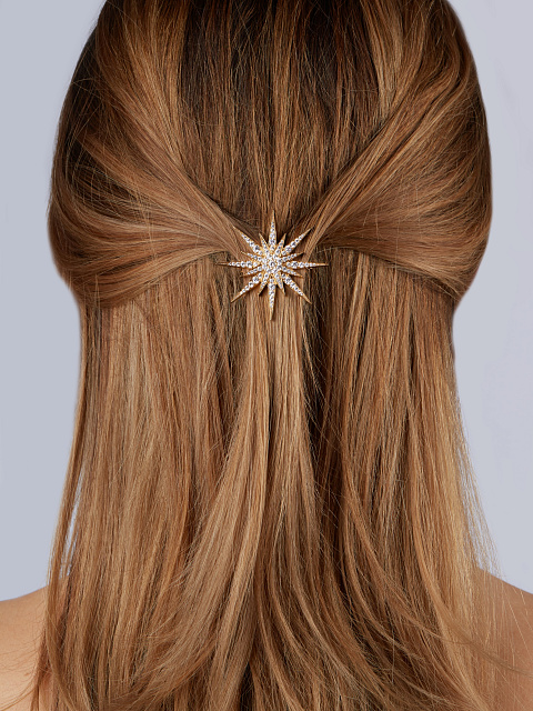 Заколка из серебра с позолотой в виде звезды с фианитами, 2