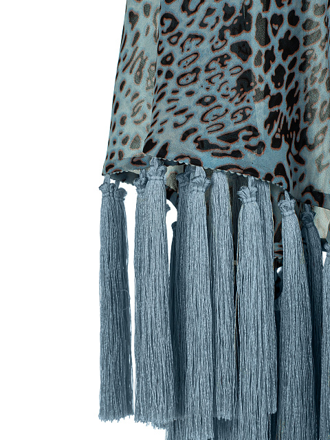 Голубая туника из шифона с леопардовым принтом и бахромой, 4