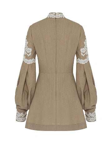 Бежевое платье-мини из льна с белым кружевом, 2