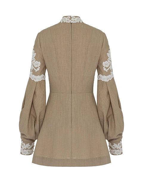 Бежевое платье-мини из льна с белым кружевом, 2