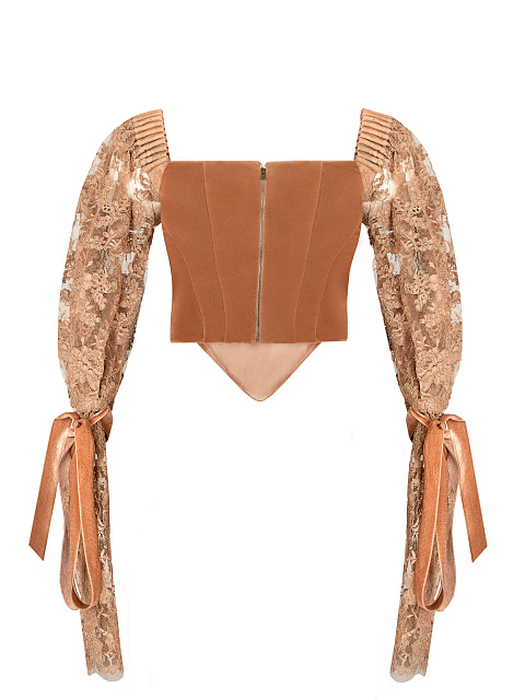 Терракотовый бархатный топ с кружевными рукавами, 2