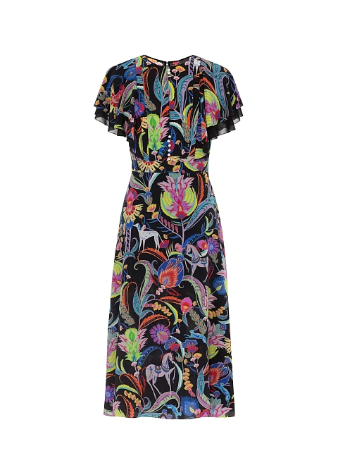 Черное платье-миди из шелка с принтом, 1