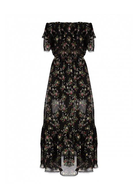 Черное шифоновое платье-миди с открытыми плечами, 2