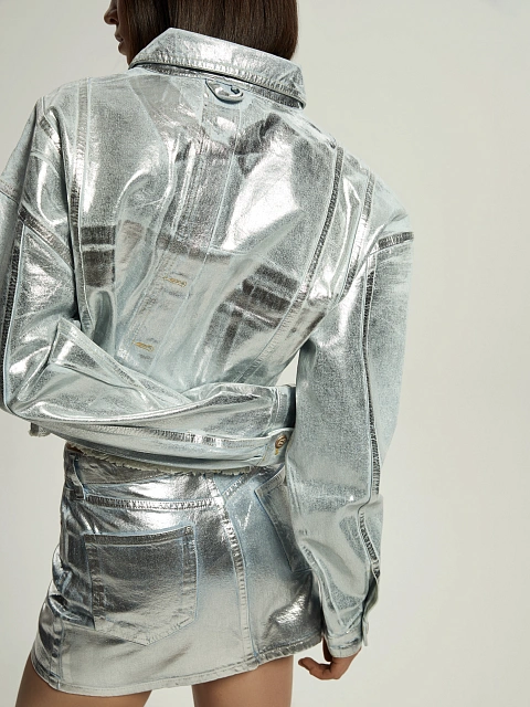 Голубая укороченная джинсовка с серебряным напылением, 5