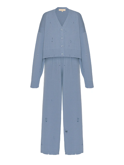 Голубой вязаный комплект из кардигана, топа и брюк, 2
