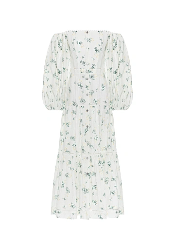 Белое платье-миди из хлопка с открытыми плечами и цветочным принтом, 1