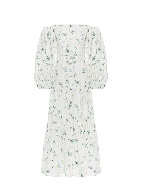Белое платье-миди из хлопка с открытыми плечами и цветочным принтом, 1